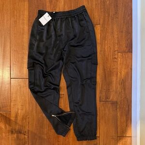 GENERATION LOVE Chandra Satin Joggers, Gold Ankle Zipper, Cargo Pocket, Black M